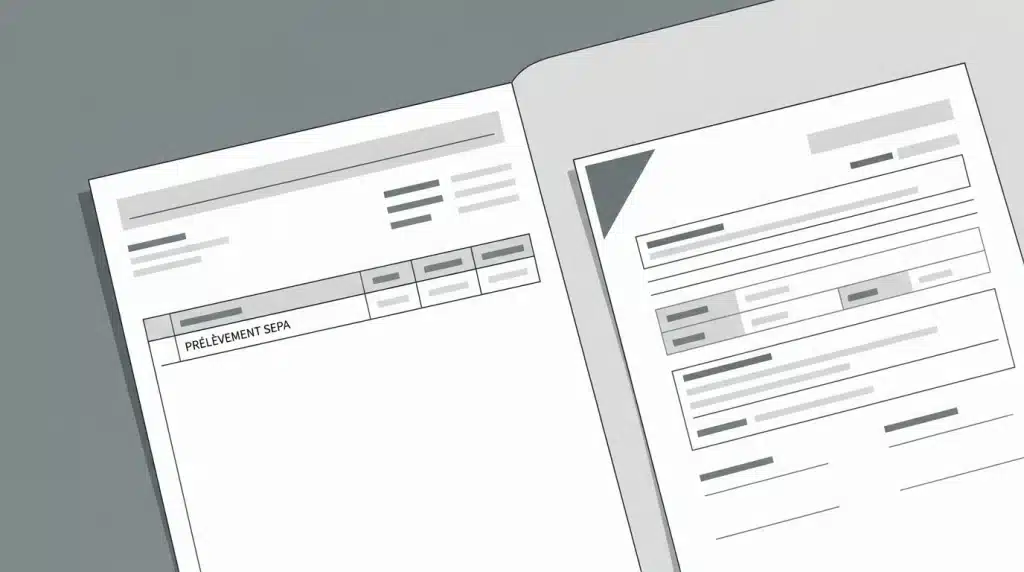 Relevé bancaire avec une ligne de prélèvement SEPA Prédica et un document de contrat d'assurance