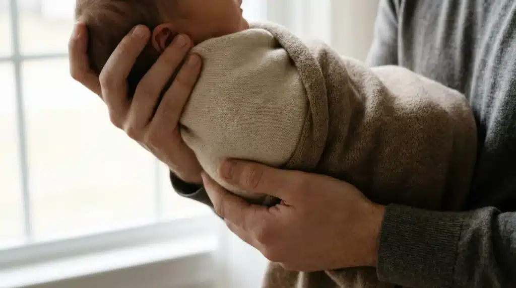 Nouveau-né dans les bras d'un parent, lumière naturelle douce, cadrage sur les mains et le bébé