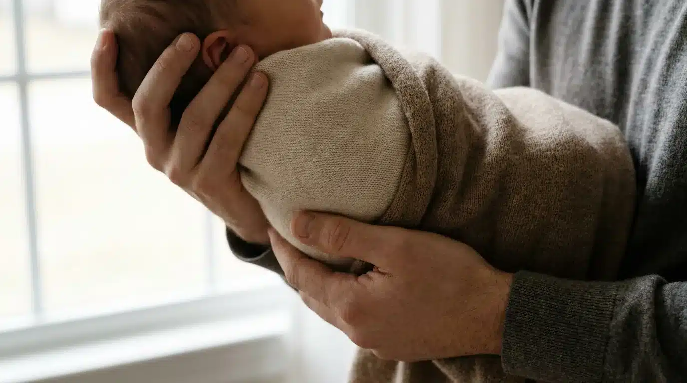 Nouveau-né dans les bras d'un parent, lumière naturelle douce, cadrage sur les mains et le bébé