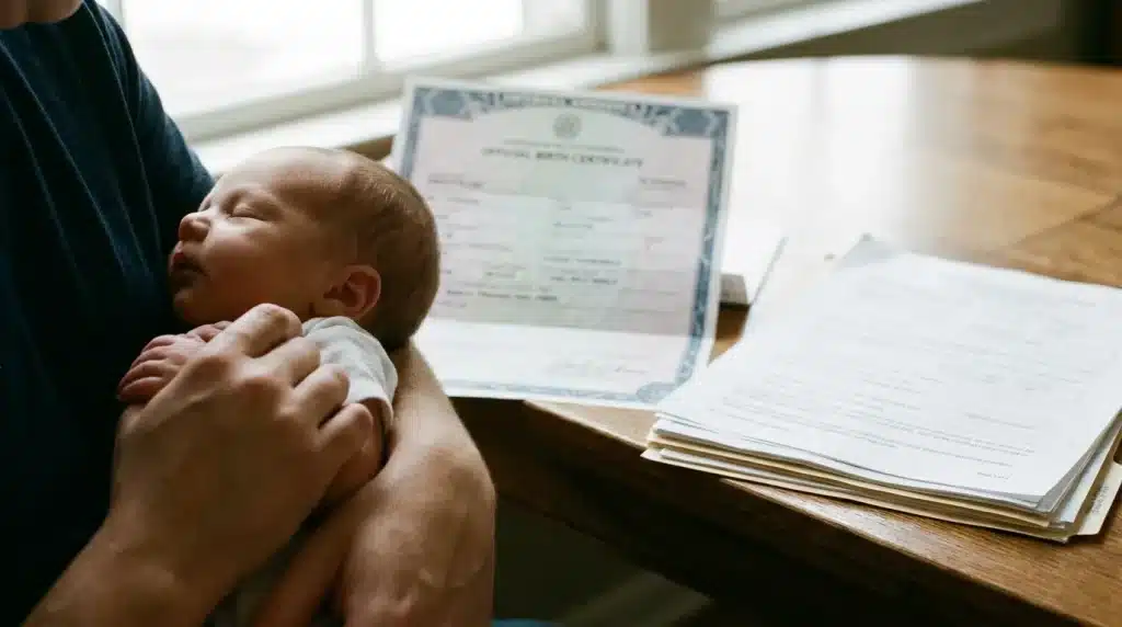 Nouveau-né dans les bras d'un parent avec un document administratif de naissance en arrière-plan