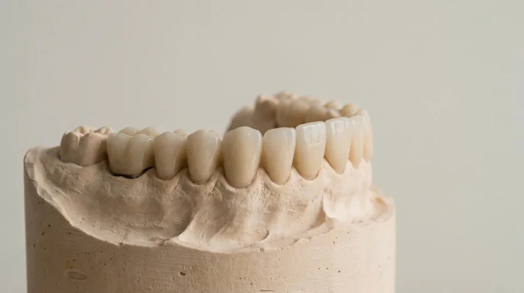 Prothèse dentaire complète fixe posée sur un modèle en plâtre, fond blanc, plan rapproché