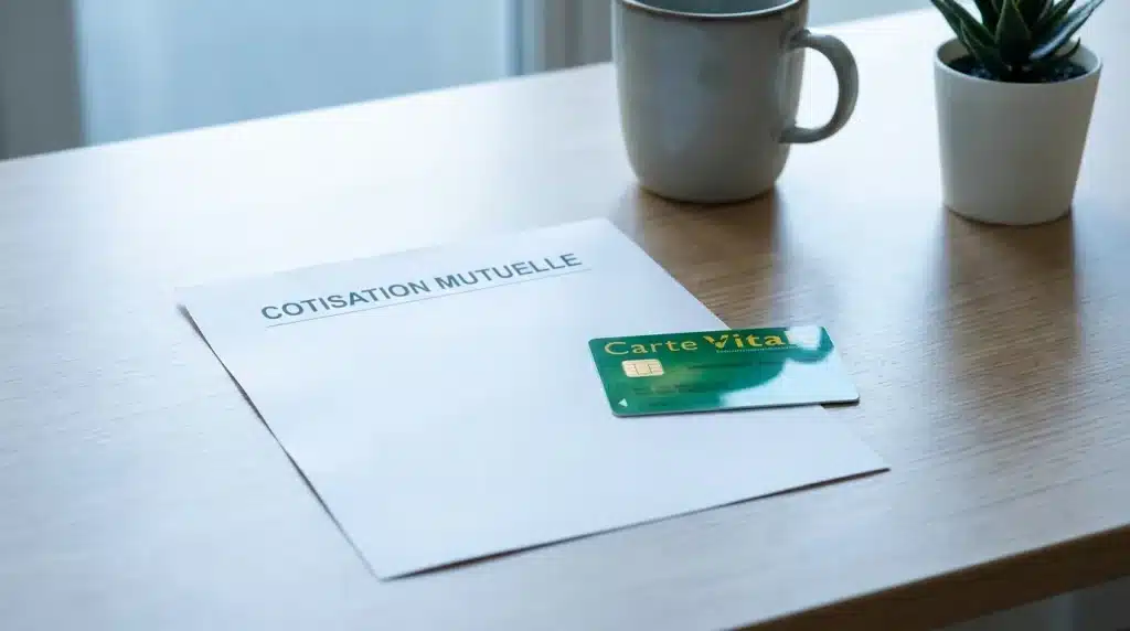 Document de cotisation mutuelle santé posé à côté d'une carte Vitale sur un bureau épuré