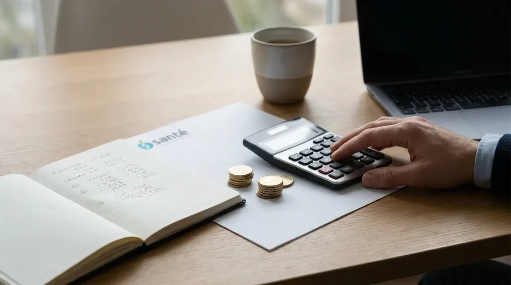 Budget mutuelle indépendant : documents administratifs et calculatrice sur un bureau