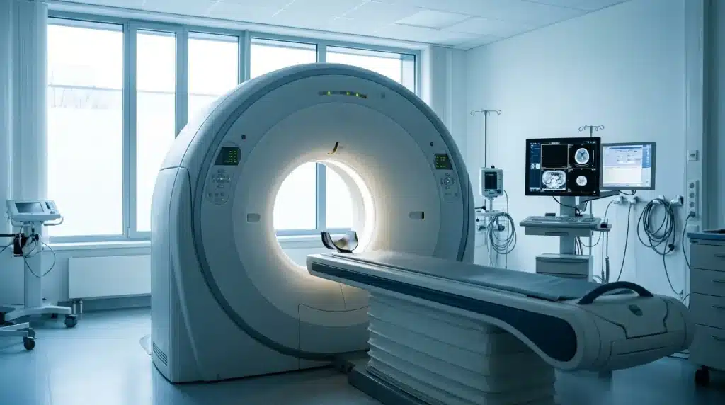 Salle de tomodensitométrie avec tunnel de scanner médical, lumière froide, sans patient identifiable