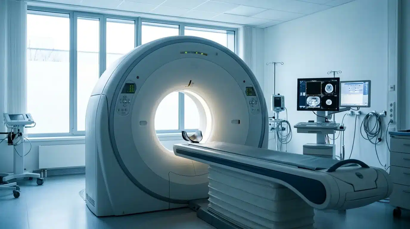 Salle de tomodensitométrie avec tunnel de scanner médical, lumière froide, sans patient identifiable