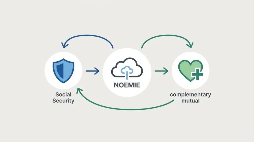 Schéma du flux entre la Sécurité sociale, le réseau NOEMIE et une mutuelle complémentaire