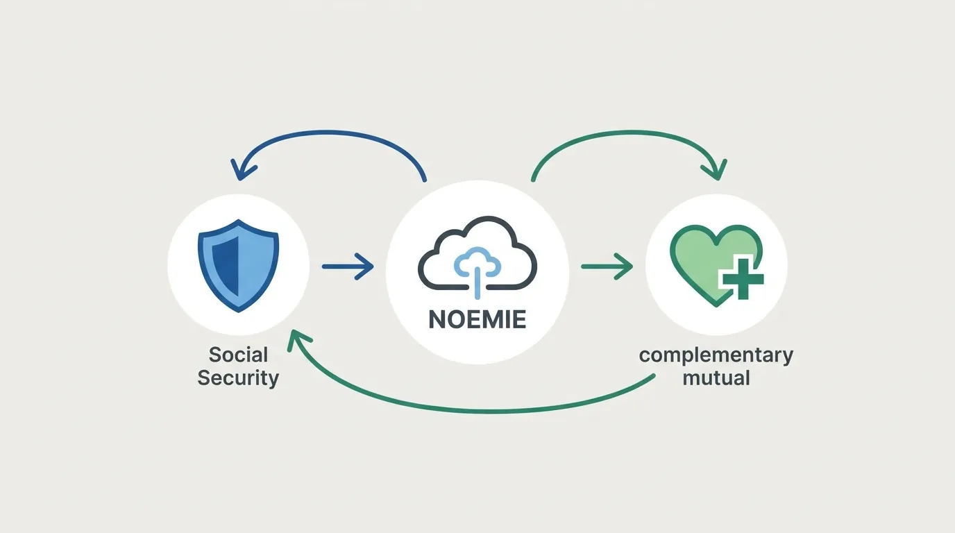 Schéma du flux entre la Sécurité sociale, le réseau NOEMIE et une mutuelle complémentaire