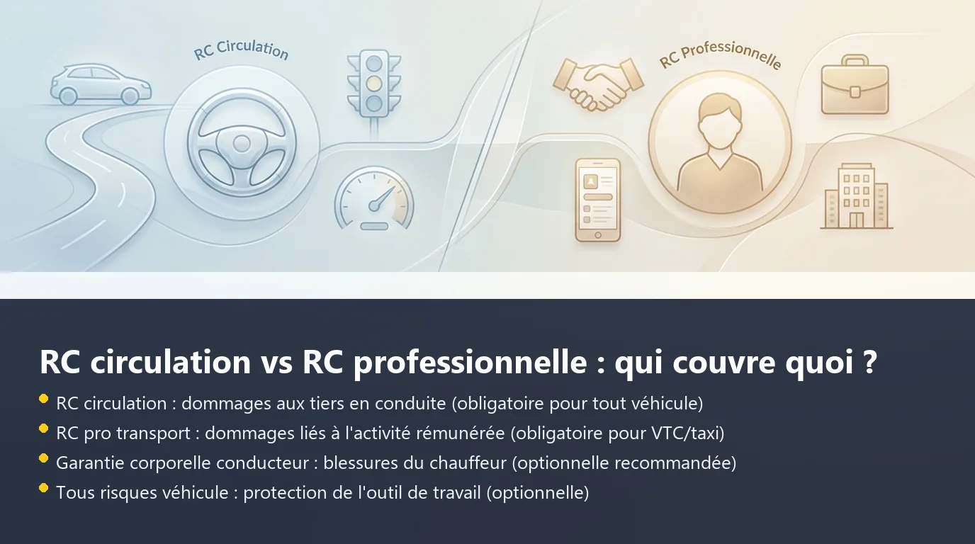 Infographie comparant la RC circulation et la RC professionnelle pour un chauffeur VTC