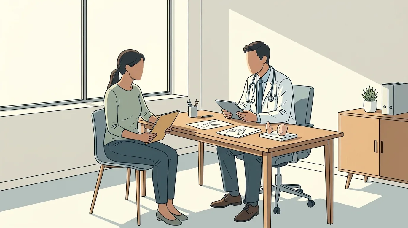 Consultation médicale préopératoire entre un médecin et une patiente dans un cabinet sobre