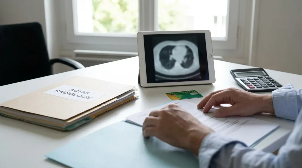 Remboursement radiologie : documents administratifs et imagerie médicale sur un bureau