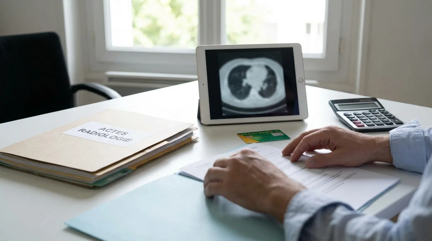Remboursement radiologie : documents administratifs et imagerie médicale sur un bureau