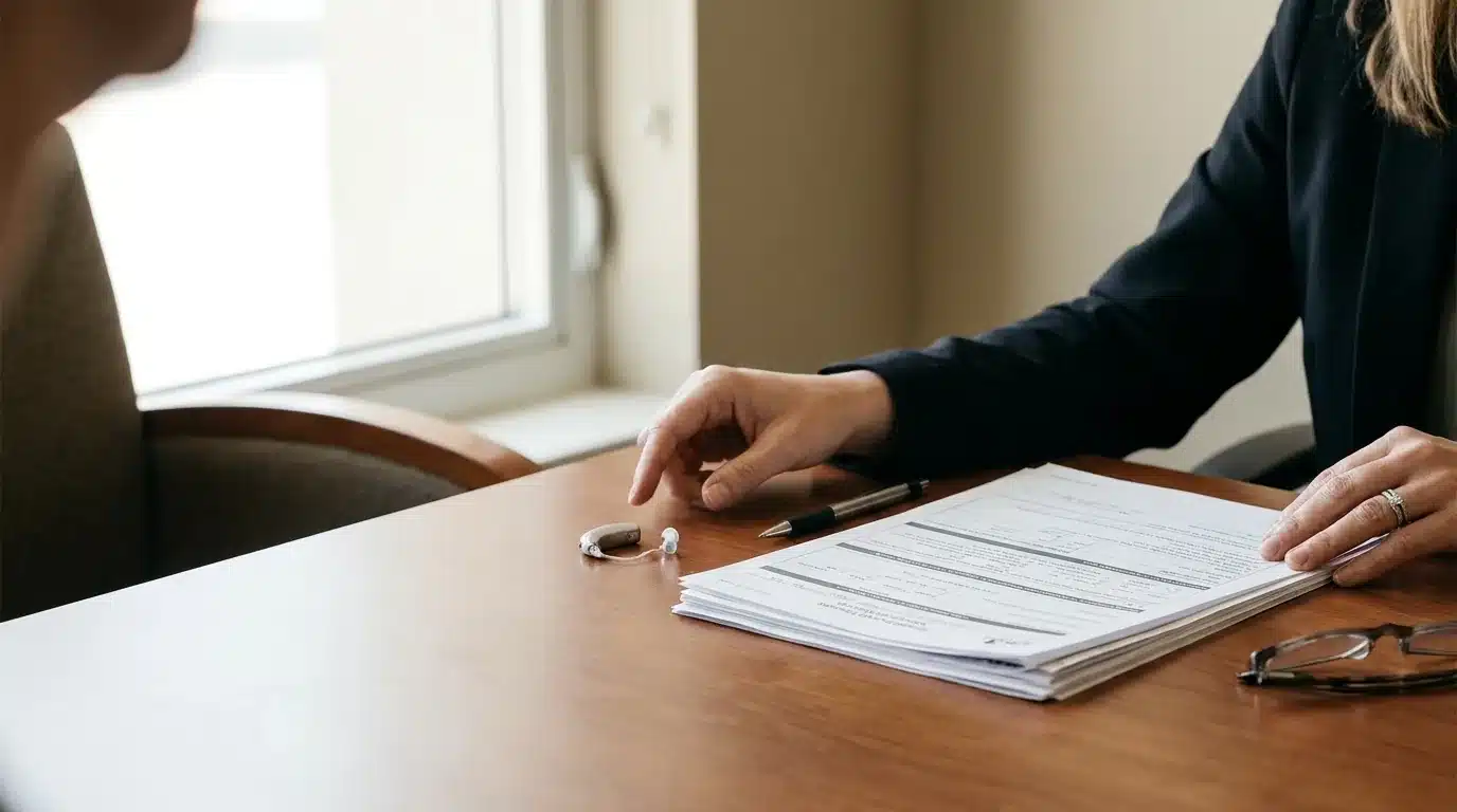 Audioprothésiste ajustant une prothèse auditive selon les normes de remboursement mutuelle