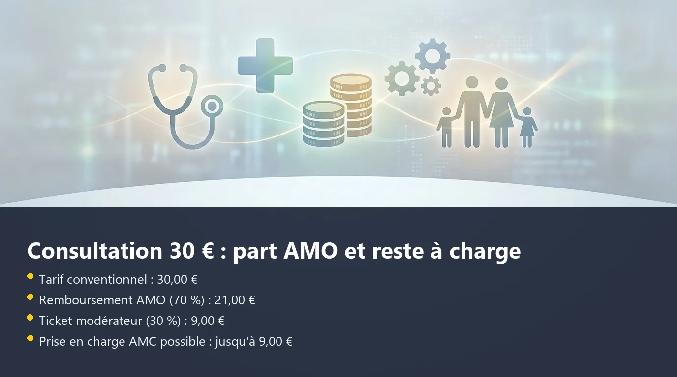 Infographie décomposant le remboursement AMO pour une consultation à 30 € : part Sécurité sociale et ticket modérateur