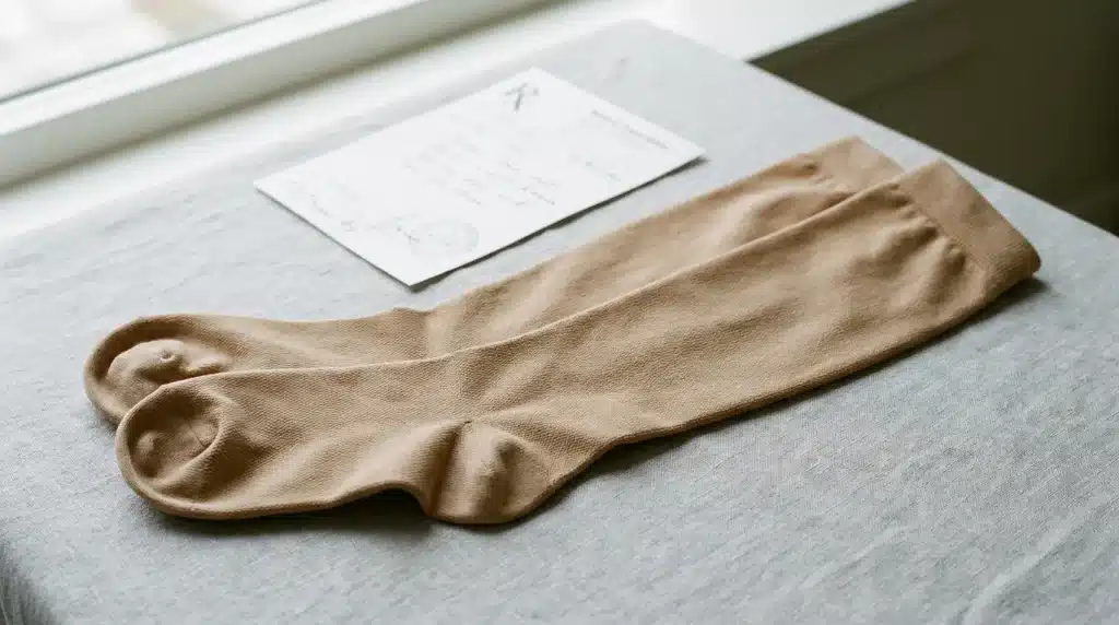 Paire de bas de contention médicaux posée sur une surface neutre avec une ordonnance médicale en arrière-plan