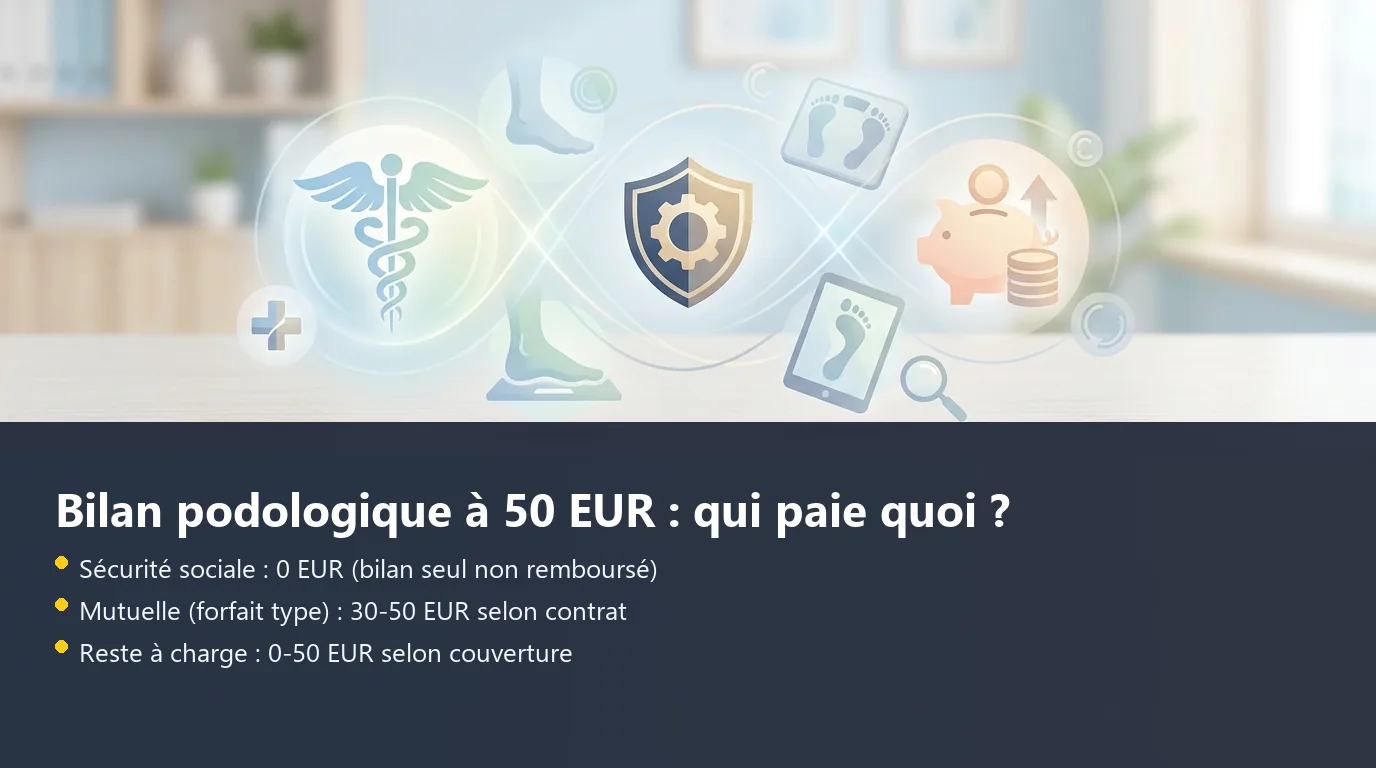 Infographie décomposant la prise en charge d'un bilan podologique à 50 EUR entre Sécurité sociale, mutuelle et reste à charge