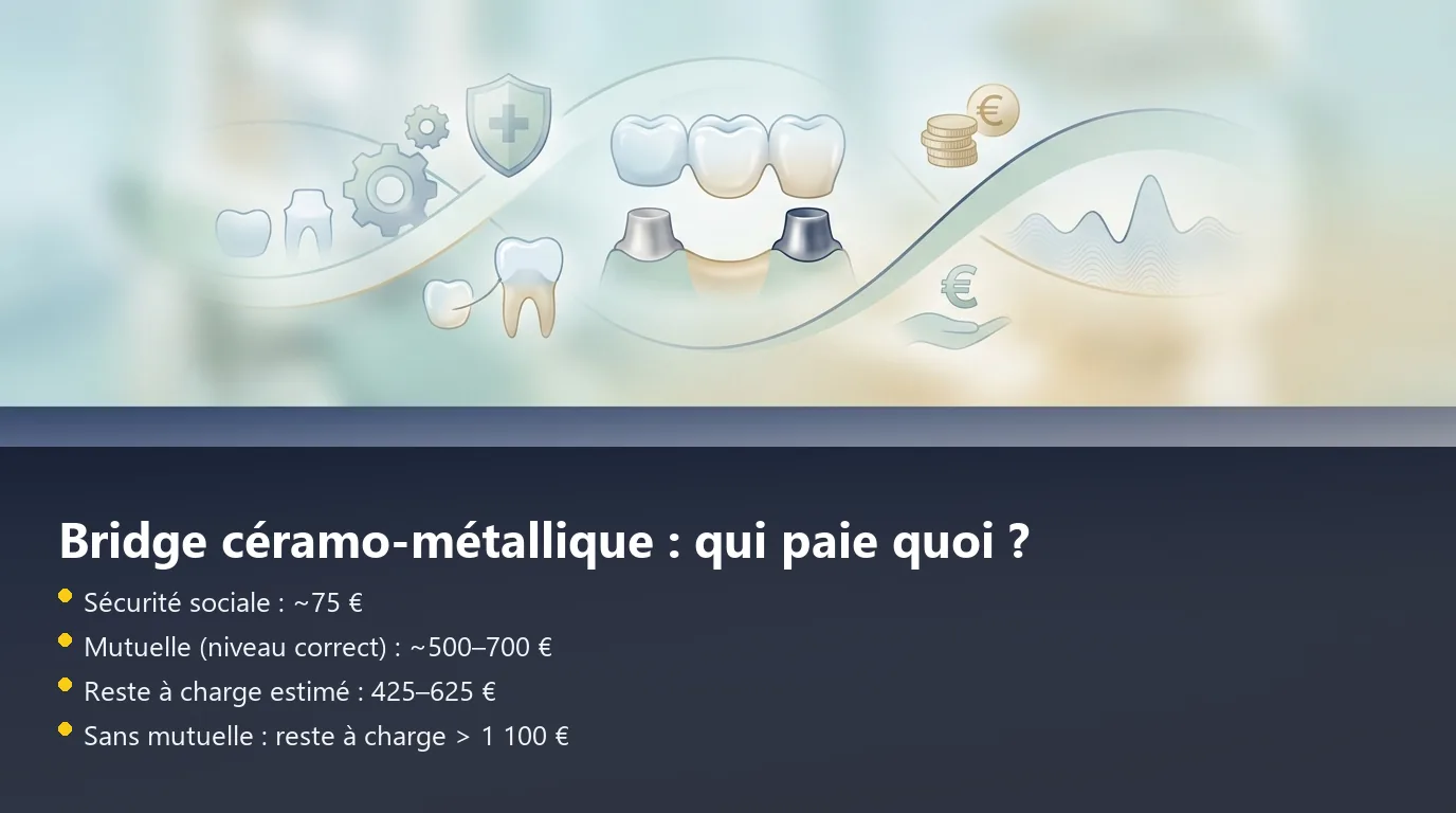 Infographie décomposant le remboursement d'un bridge céramo-métallique 3 éléments à 1 200 euros entre Sécurité sociale, mutuelle et reste à charge