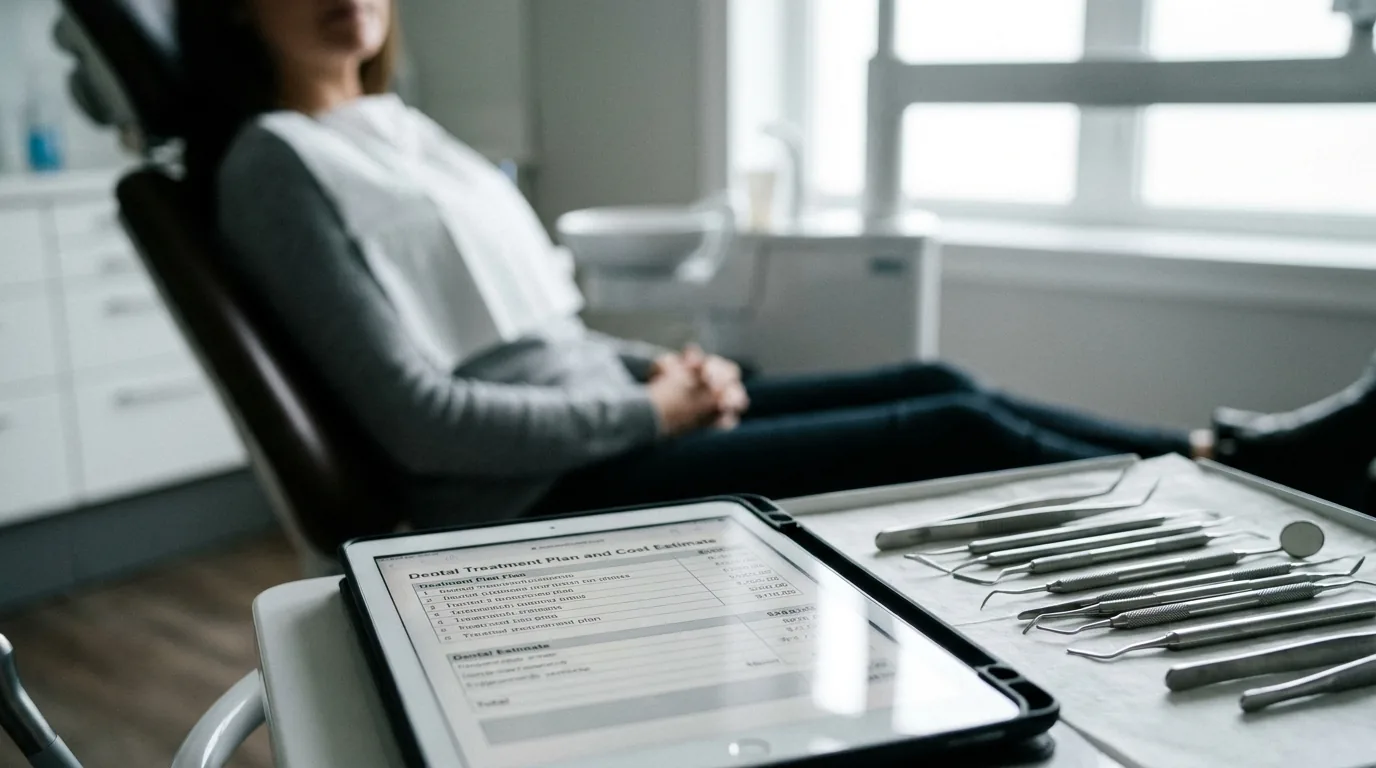 Chirurgien-dentiste présentant un devis de bridge dentaire à un patient en cabinet