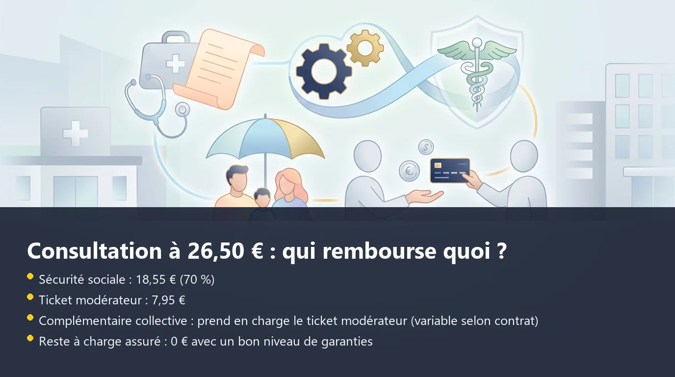 Schéma de décomposition du remboursement d'une consultation généraliste entre Sécurité sociale et complémentaire collective