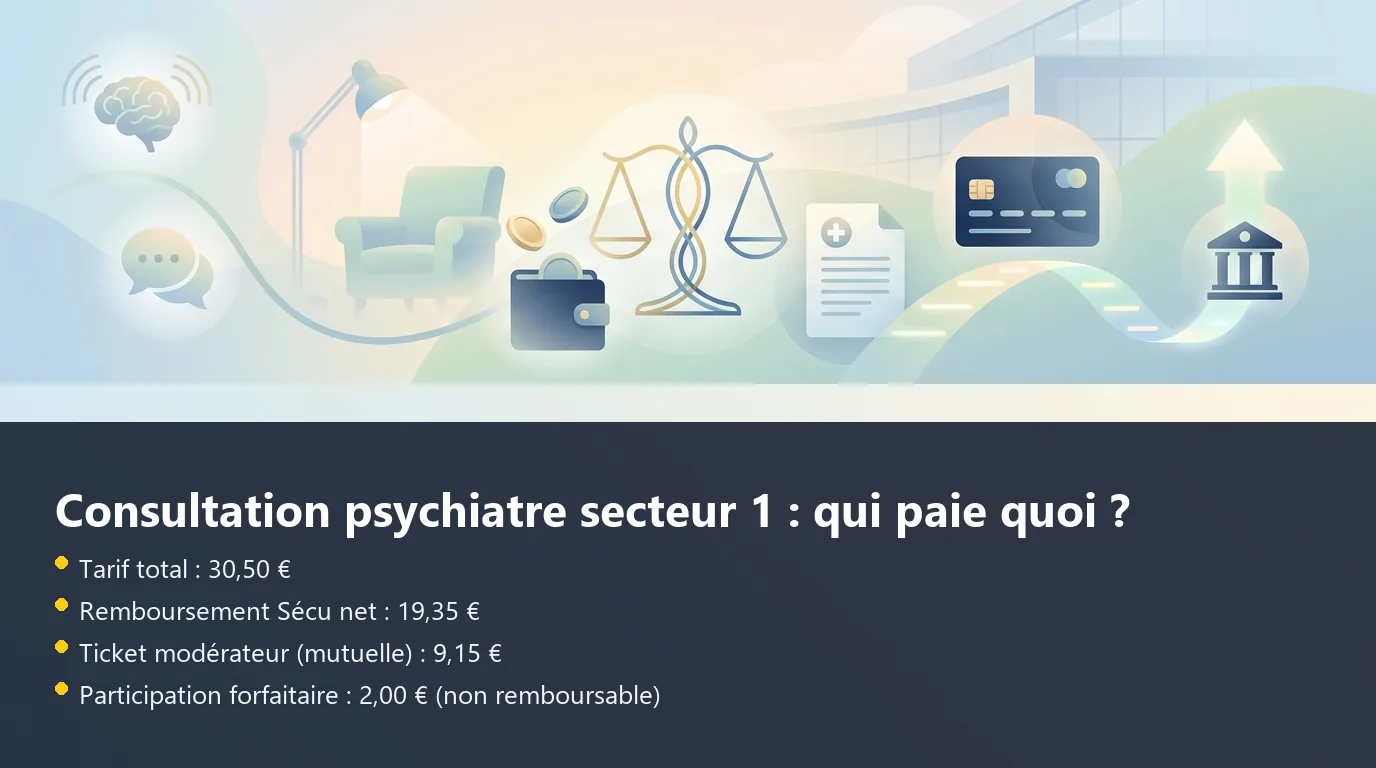 Infographie décomposant le remboursement d'une consultation psychiatre secteur 1 entre Sécurité sociale, mutuelle et reste à charge