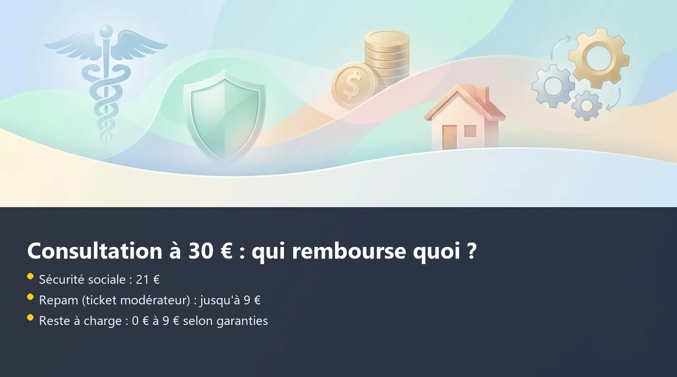 Infographie de la répartition du remboursement d'une consultation médicale entre Sécurité sociale, Repam et reste à charge