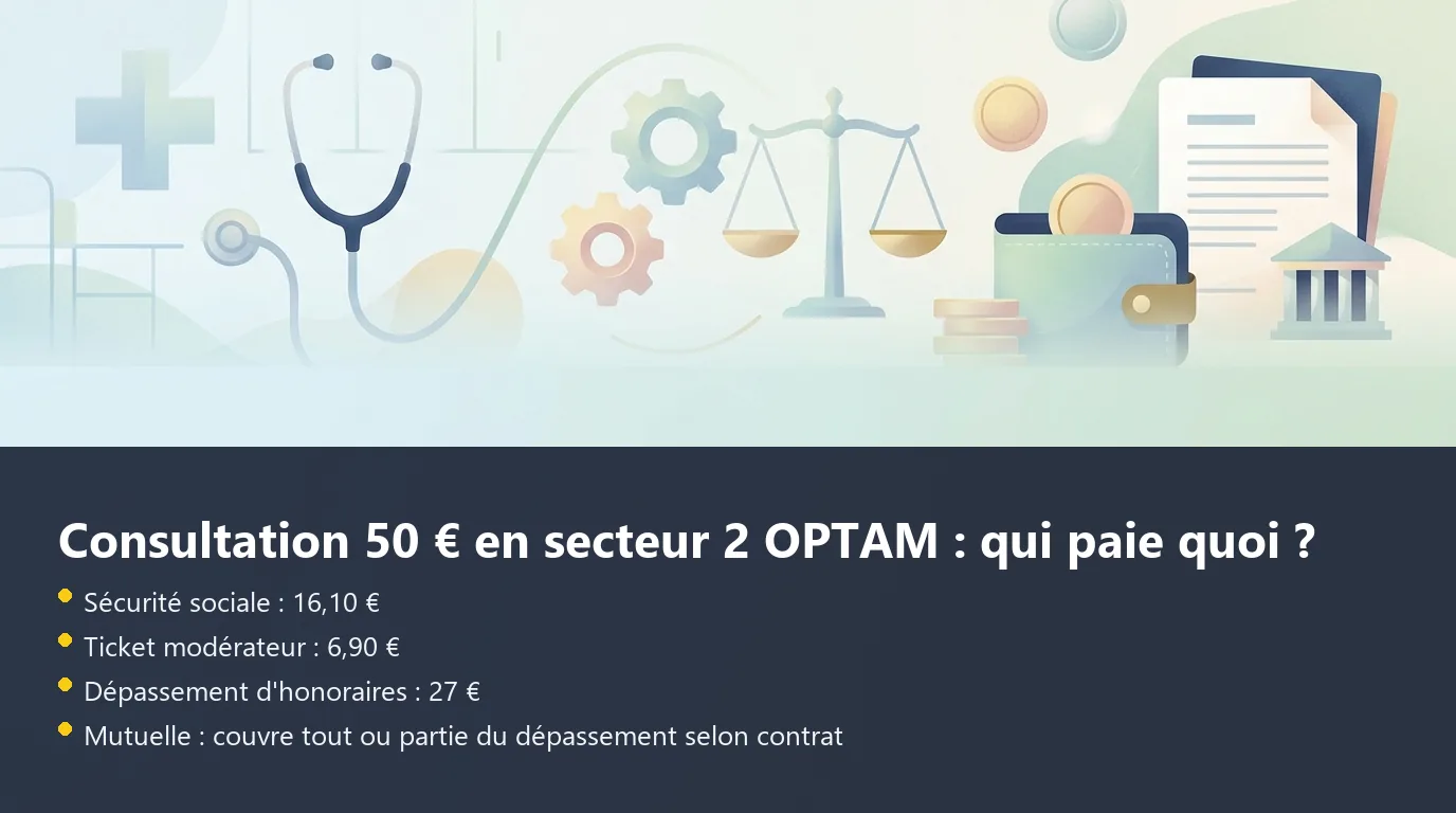 Consultation 50 € en secteur 2 OPTAM : qui paie quoi ? Infographie décomposant le remboursement d'une consultation à 50 € en secteur 2 OPTAM entre Sécurité sociale, ticket modérateur et dépassement
