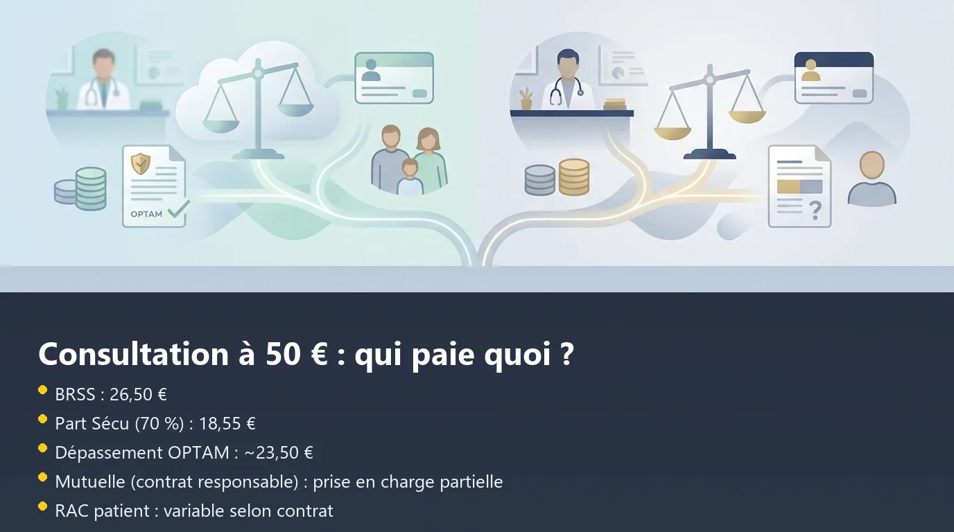 Consultation 50 € : décomposition Sécu / mutuelle / reste à charge Infographie décomposant le remboursement d'une consultation à 50 € en secteur 2 OPTAM versus secteur 2 sans OPTAM