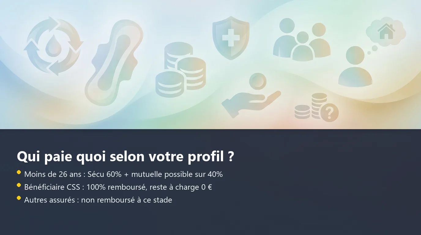 Remboursement culotte menstruelle : qui paie quoi selon le profil Schéma de répartition du remboursement culotte menstruelle entre Sécurité sociale, mutuelle et reste à charge selon le profil de l'assuré