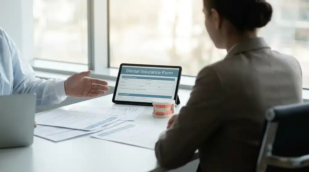 Remboursement mutuelle dentaire : documents administratifs et dents sur fond neutre