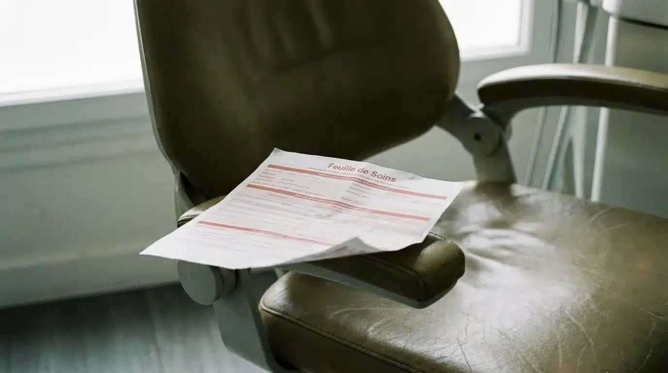 Fauteuil de cabinet dentaire avec un formulaire de remboursement mutuelle posé dessus