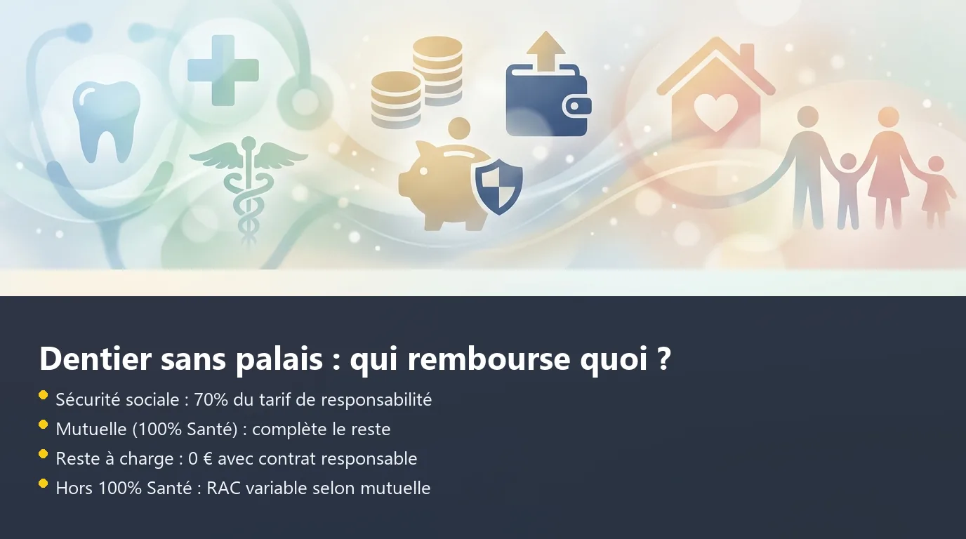 Schéma du remboursement d'une prothèse amovible sans palais par la Sécurité sociale et la mutuelle