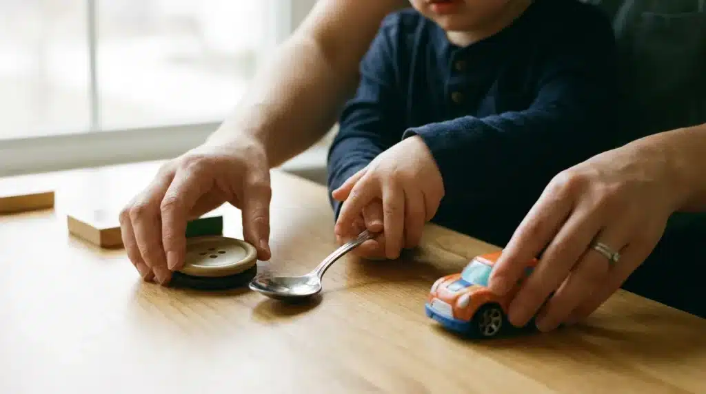 Ergothérapeute aidant un enfant à manipuler des objets du quotidien lors d'une séance