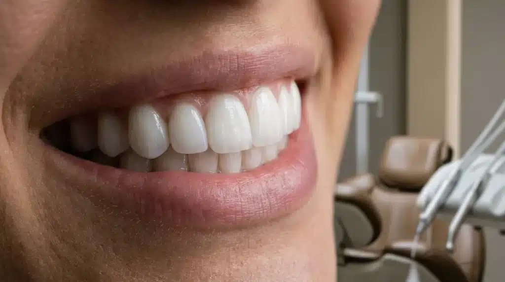 Gros plan sur un sourire avec des facettes dentaires blanches dans un cabinet dentaire sobre