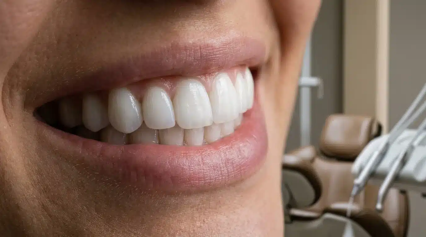 Gros plan sur un sourire avec des facettes dentaires blanches dans un cabinet dentaire sobre