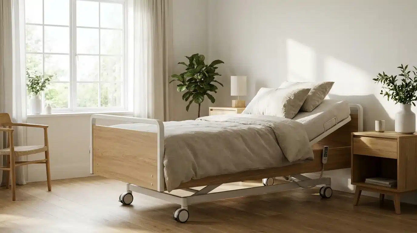 Lit médicalisé électrique dans une chambre à domicile avec lumière naturelle