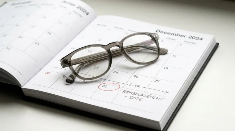 Paire de lunettes posée sur un calendrier ouvert, illustrant le délai de remboursement bisannuel en année civile