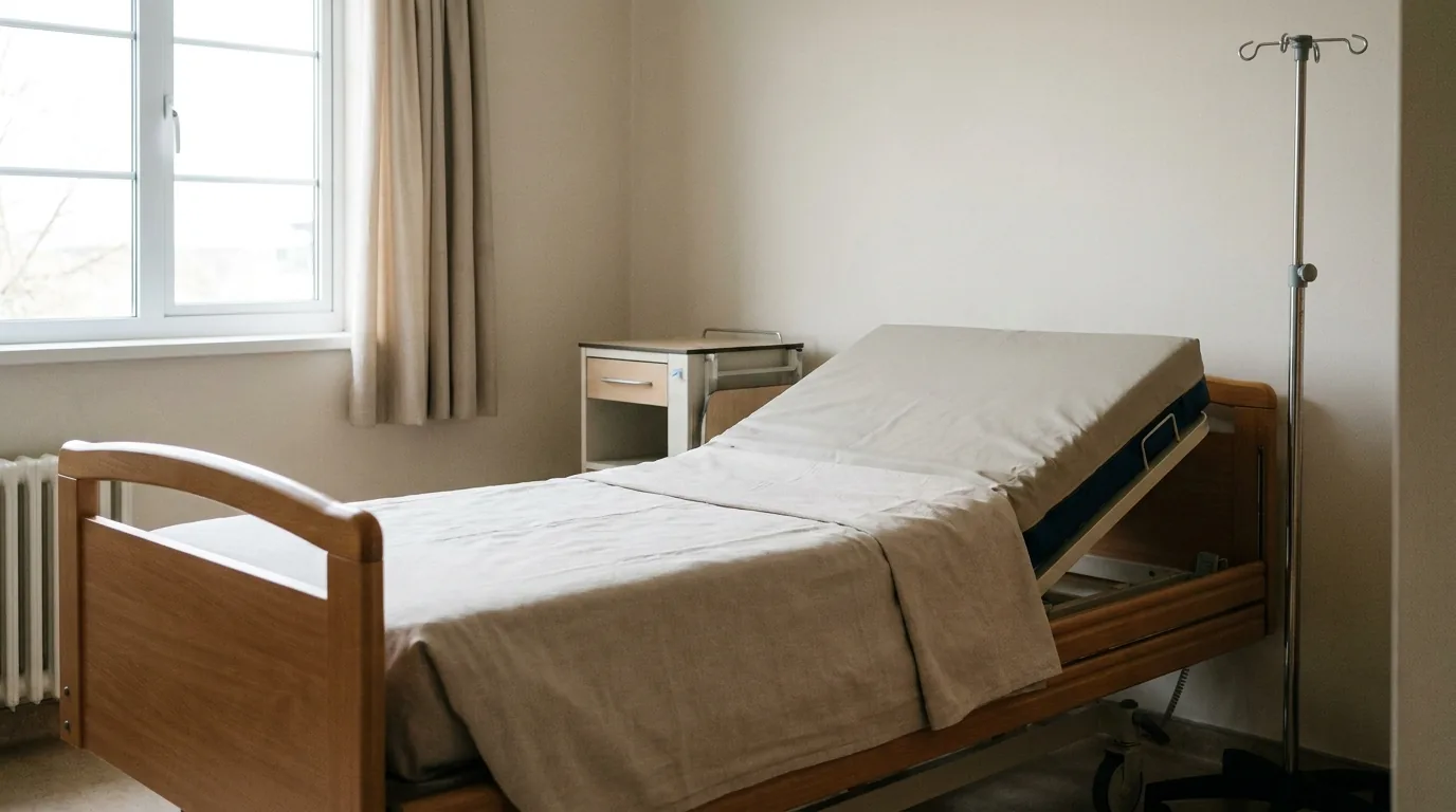 Matelas anti-escarres sur un lit médicalisé dans une chambre à domicile, ambiance sobre et médicale