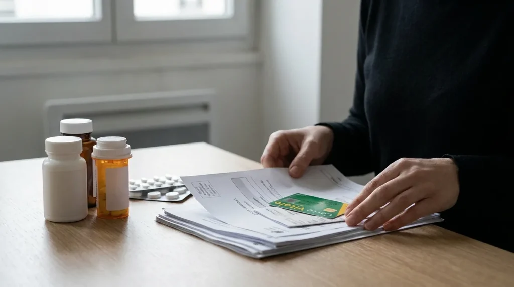 Remboursement médicaments : dossier médical avec ordonnance, boîte de médicaments et documents de mutuelle
