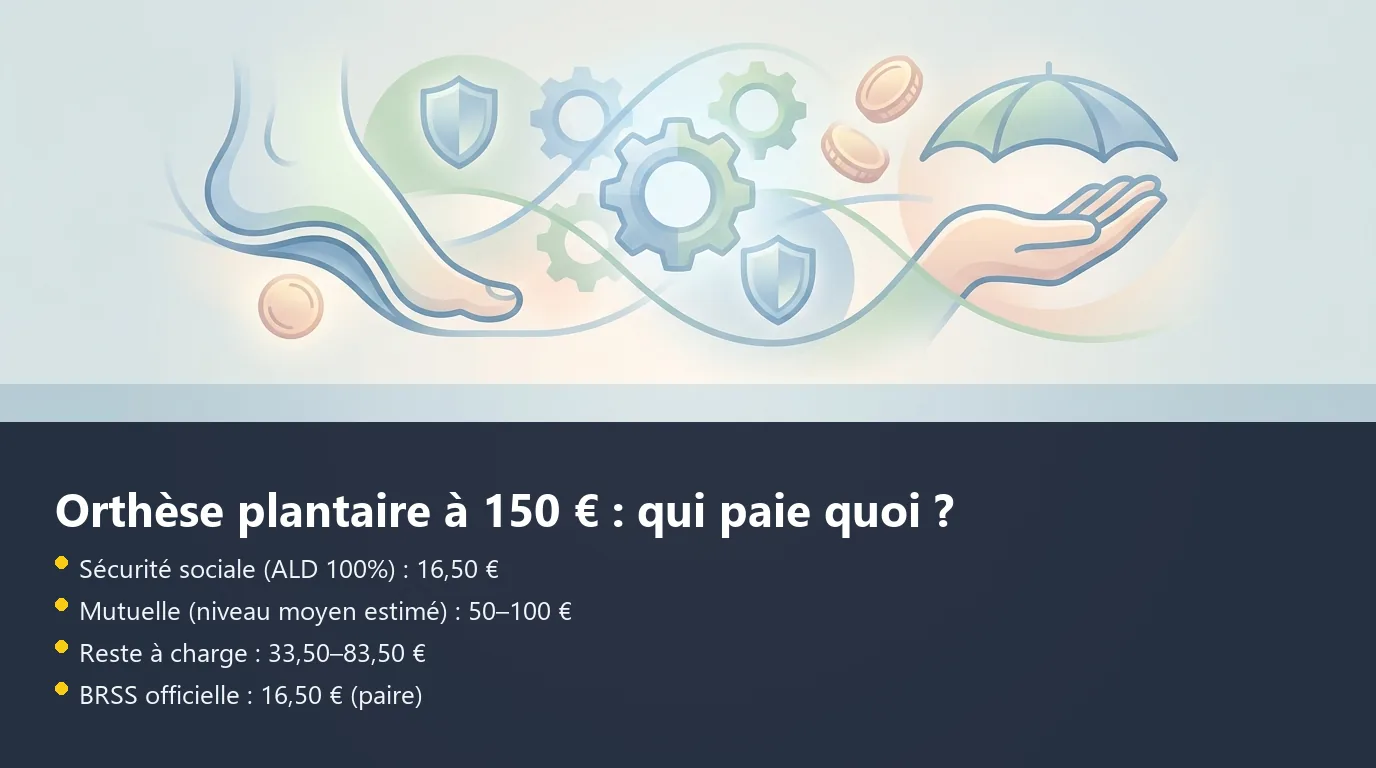 Infographie décomposant le remboursement d'une orthèse plantaire à 150 € entre Sécurité sociale, mutuelle et reste à charge