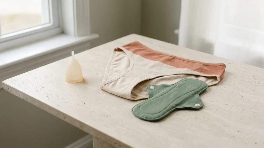 Culotte menstruelle, coupe menstruelle et serviette lavable posées sur fond clair