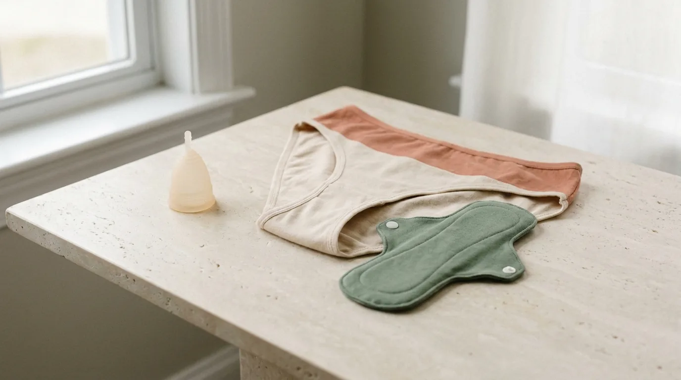 Culotte menstruelle, coupe menstruelle et serviette lavable posées sur fond clair