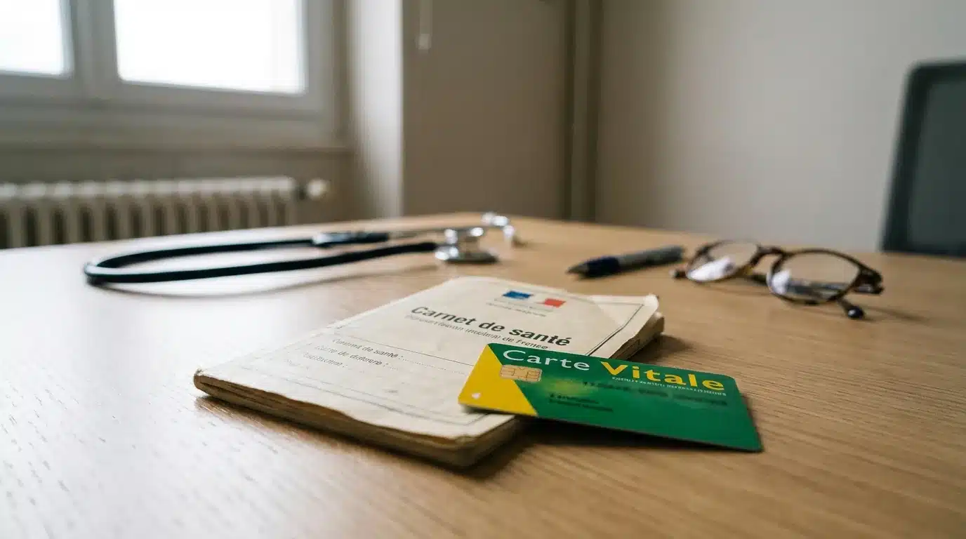 Carnet de santé et carte Vitale posés sur un bureau, dans un cadre médical sobre