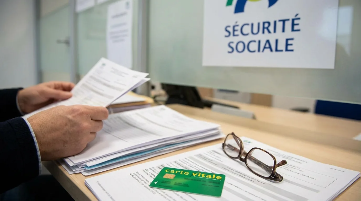 Documents de remboursement et cartes de sécurité sociale illustrant les garanties de base de la couverture obligatoire