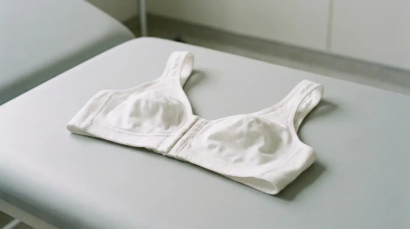 Soutien-gorge post-opératoire blanc posé sur une surface médicale sobre en lumière naturelle