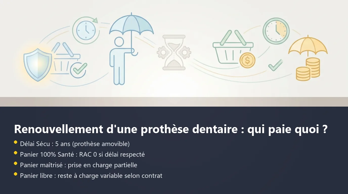 Infographie comparant la prise en charge du renouvellement d'une prothèse dentaire selon le panier 100% Santé et le panier libre