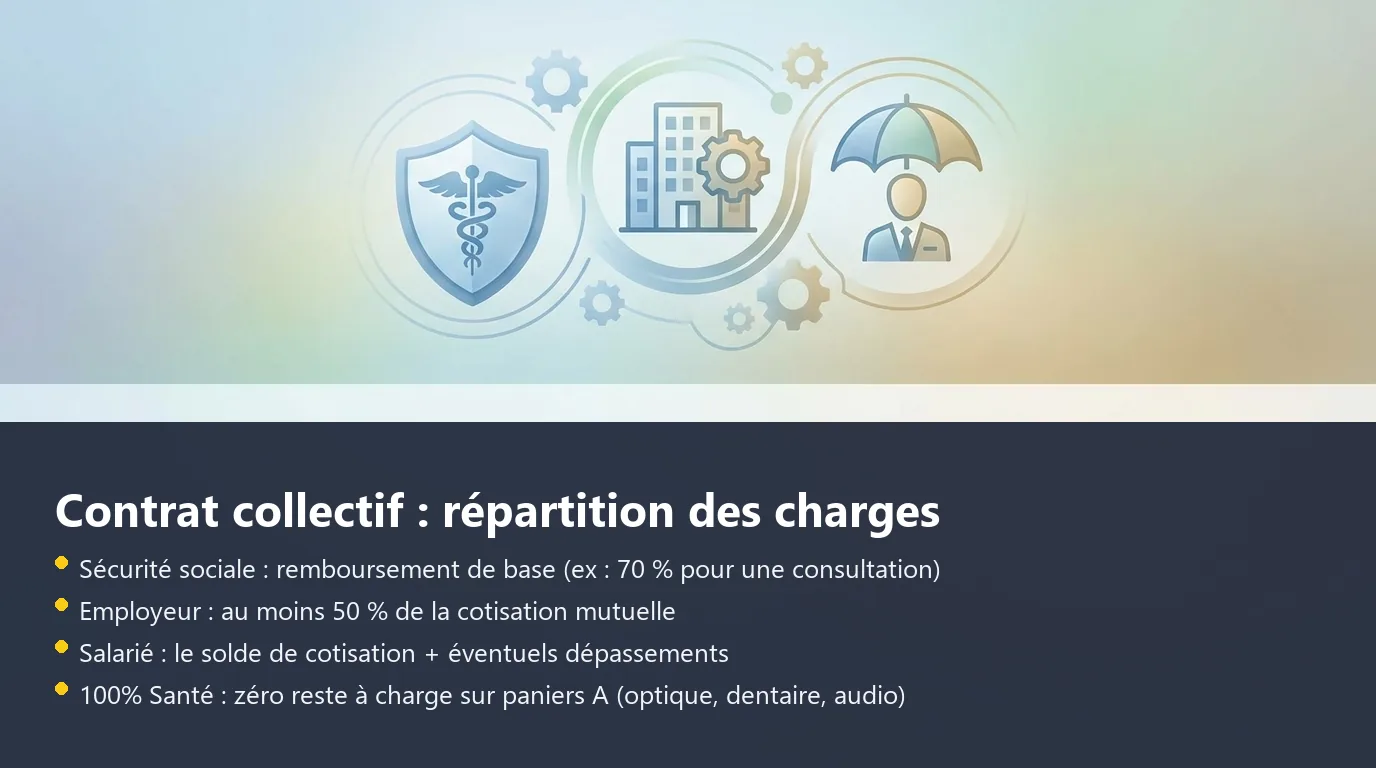 Infographie sur la répartition des charges entre Sécurité sociale, employeur et salarié dans un contrat collectif