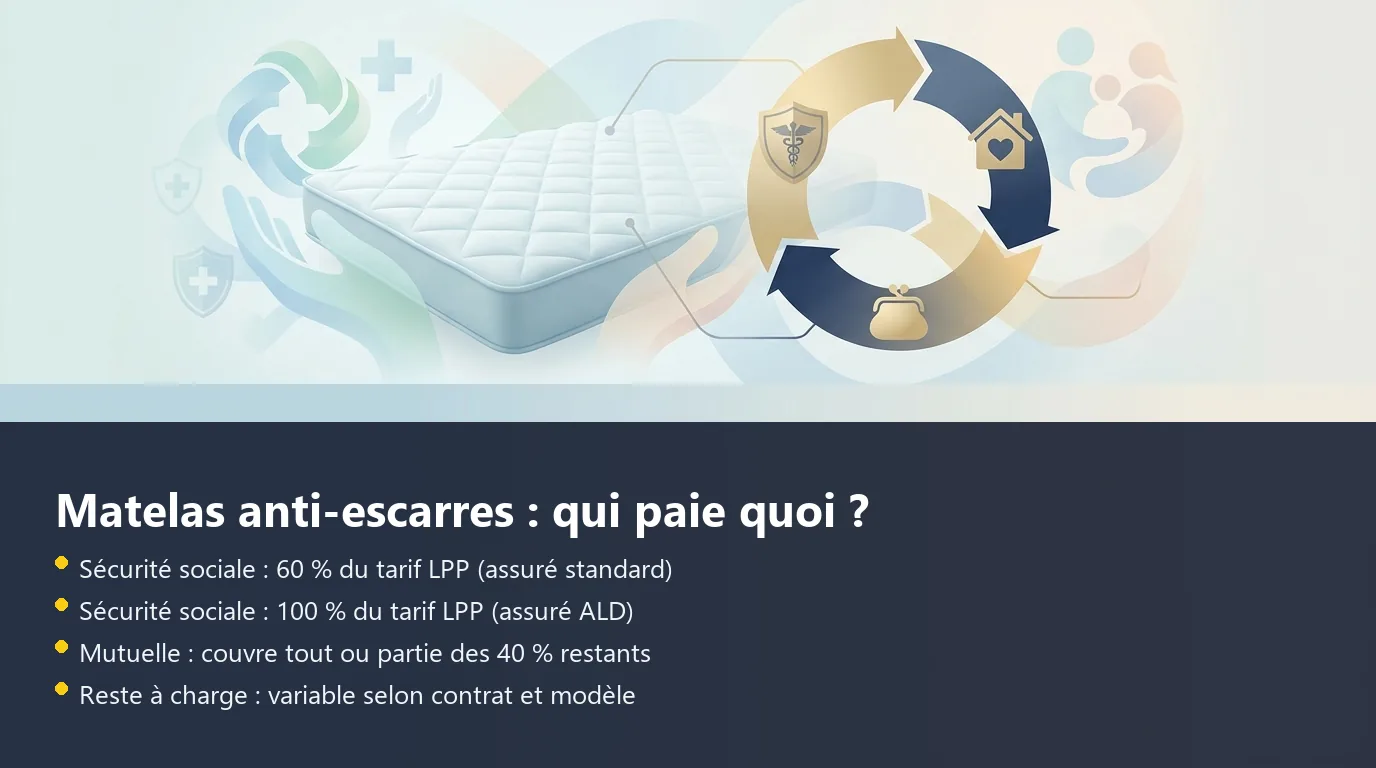 Infographie sur la répartition du remboursement d'un matelas anti-escarres entre Sécurité sociale, mutuelle et reste à charge