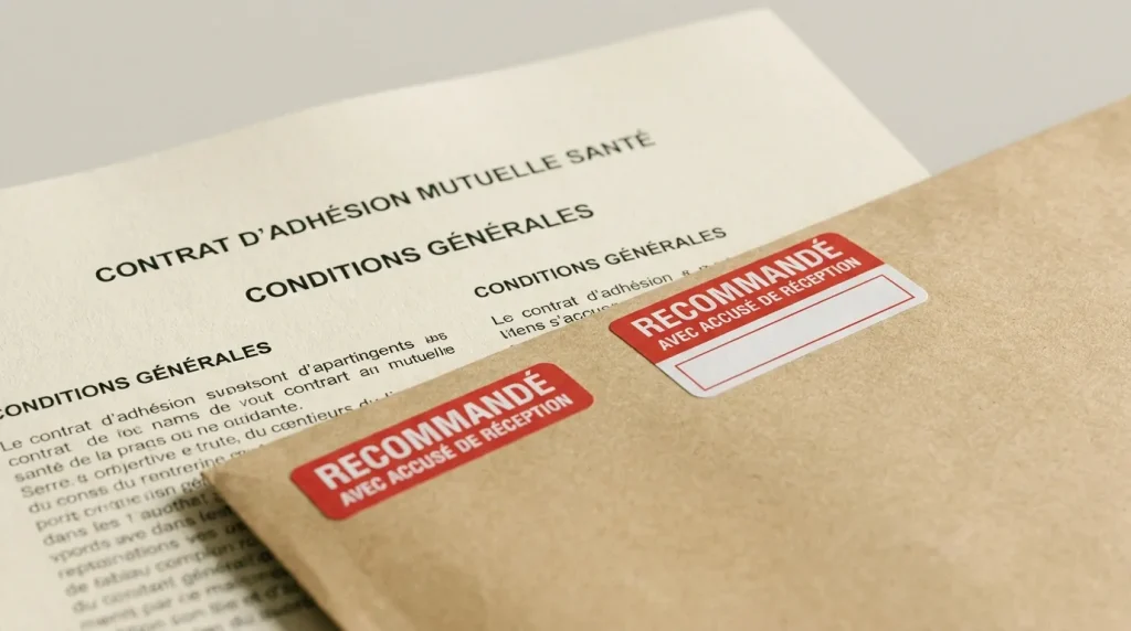 Enveloppe recommandée posée sur un contrat de mutuelle santé sur un bureau