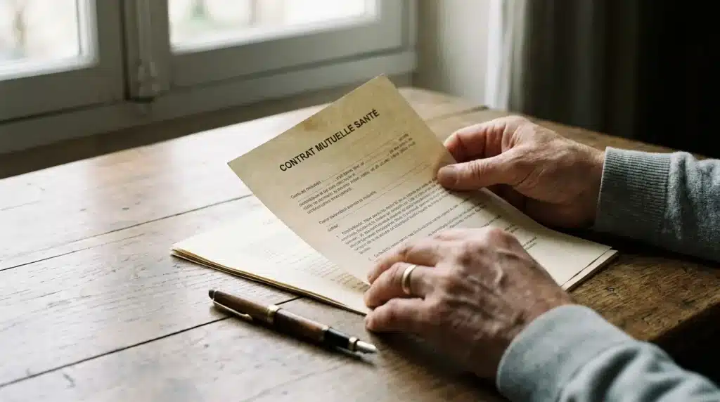 Personne consultant un contrat de mutuelle posé sur une table avec un stylo à côté