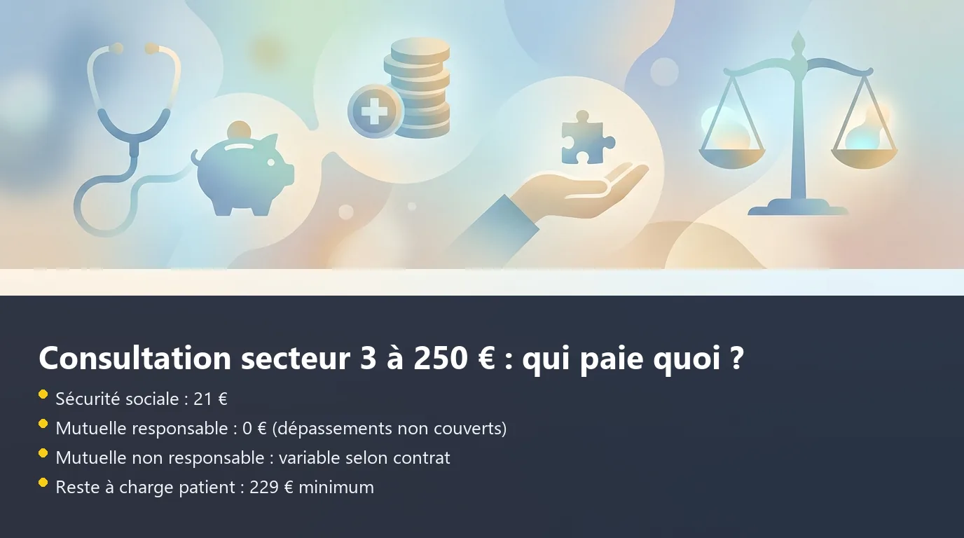 Décomposition du reste à charge pour une consultation secteur 3 à 250 euros