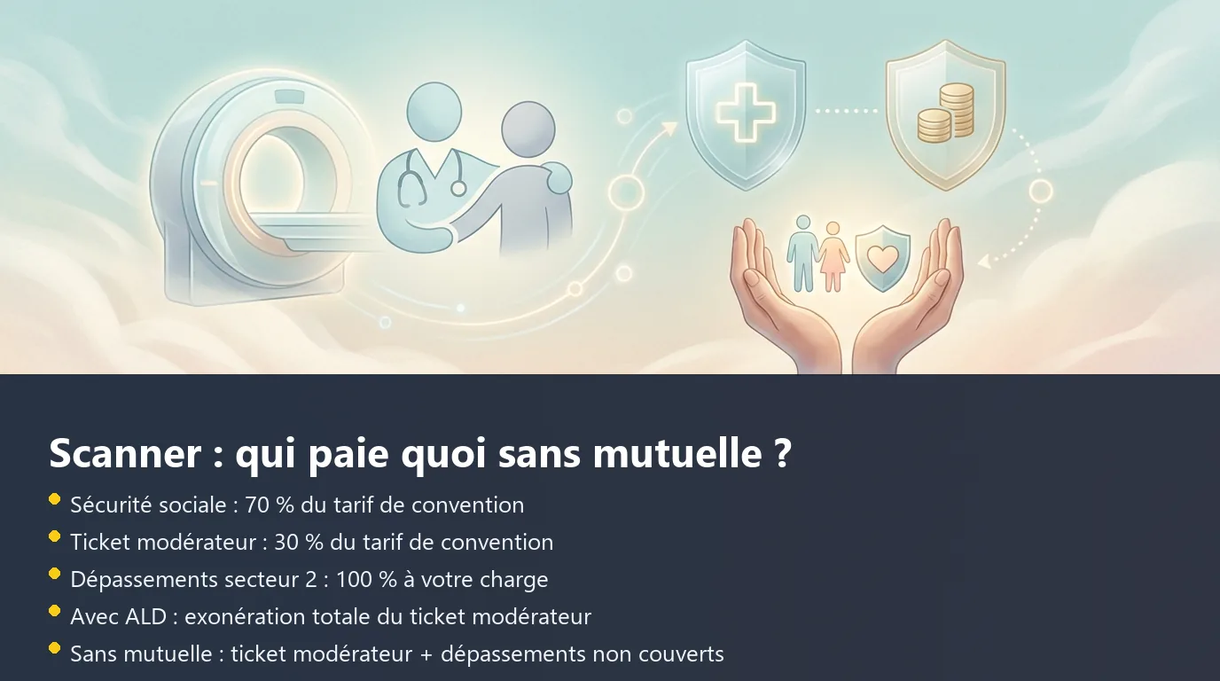 Scanner : qui paie quoi sans mutuelle ? Infographie sur la décomposition du coût d'un scanner selon le secteur du radiologue, avec ou sans mutuelle